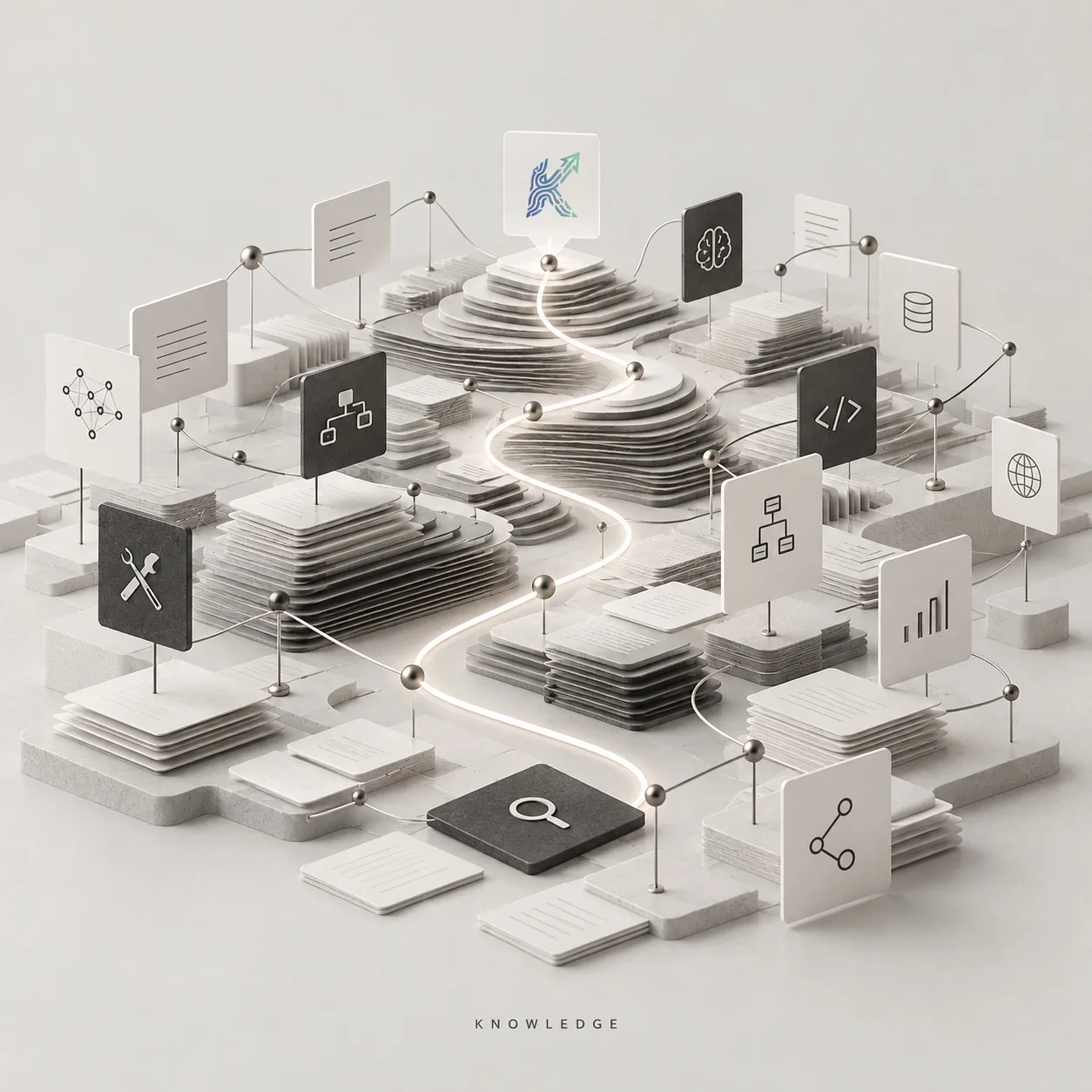 A map of AI tools and topics, with a lit path climbing from a search to the Kainotomic mark